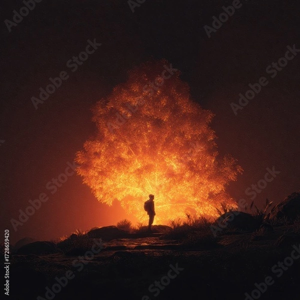 Fototapeta Silhouette standing before an illuminated tree, basking in the orange glow of nature's radiant spectacle on a dark, rocky landscape.
