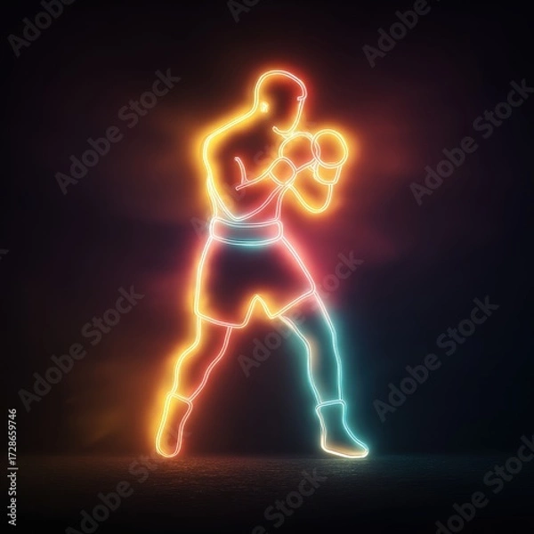 Fototapeta Vibrant, glowing neon art of a boxer in stance, poised for action, set against a dark background. An interesting depiction of sports.