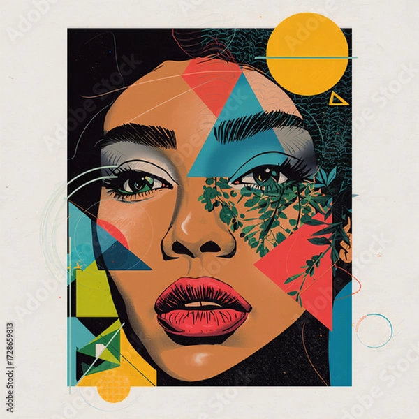 Fototapeta Woman's Portrait with Geometric and Botanical Overlays