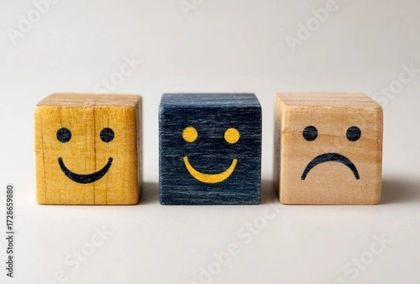 Fototapeta Three cheerful wooden cubes with a bright yellow smiley face bring joy and positive vibes to any modern setting, perfect for playful design concepts and cheerful branding.