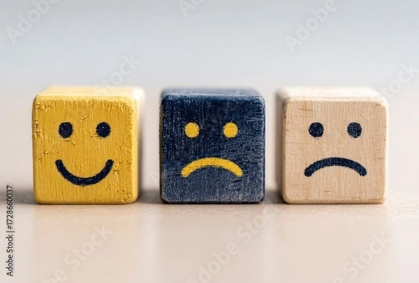 Fototapeta Three cheerful wooden cubes with a bright yellow smiley face radiate positivity and joy, perfect for conveying happiness, optimism, and playful design in modern contexts.
