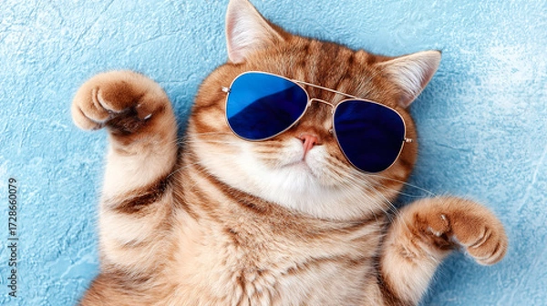 Fototapeta  Playful ginger cat wearing sunglasses, showcasing detailed fur under soft directional lighting. wildlife magazines, conservation campaigns, designed for nature documentaries and education.