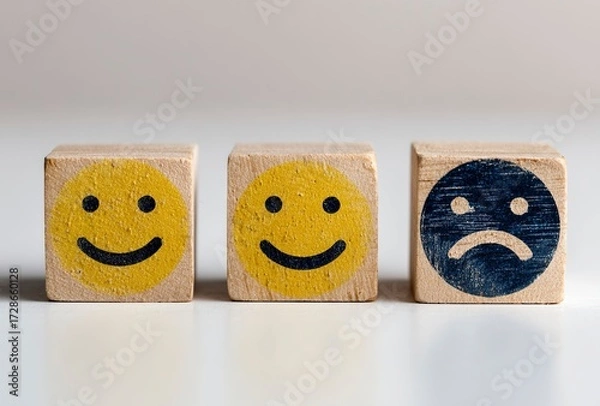 Fototapeta Three cheerful wooden cubes with vibrant yellow smiley faces radiate joy, perfect for playful designs, educational materials, or conveying positive emotions in a bright, clean studio setting.