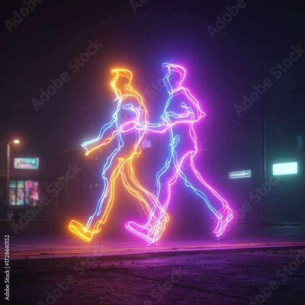Fototapeta Neon figures of two people depicted as walking. The vibrant figures are in a nighttime urban setting.
