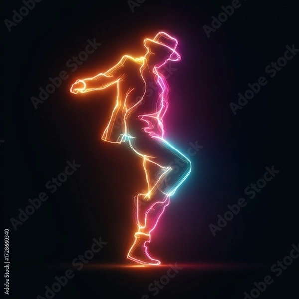 Fototapeta Neon Dancer: A vibrant figure in a suit and fedora, outlined in bright neon colors, striking a pose on a black stage. Energetic performance.