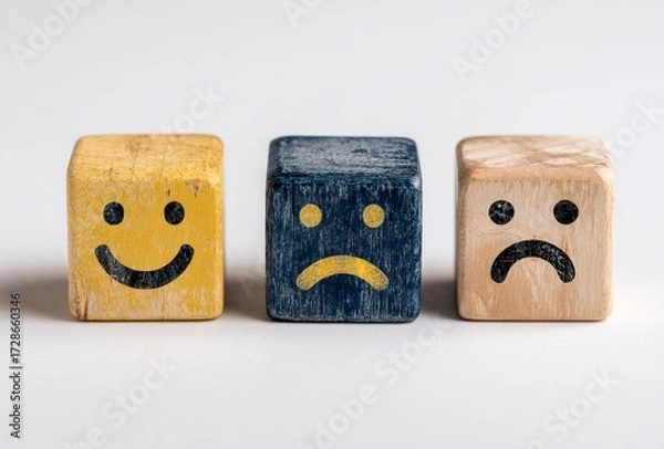 Fototapeta Playful trio of wooden cubes featuring bright yellow smiley faces, conveying joy and positive energy, perfect for cheerful designs and happy themes.