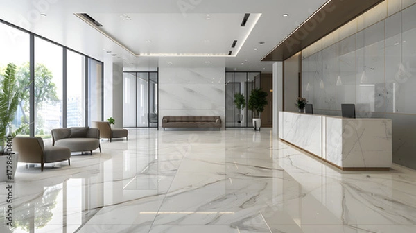 Fototapeta modern corporate office lobby with marble floors, designer sofas, stylish reception desk, large windows, clean architectural lines, cinematic 16:9