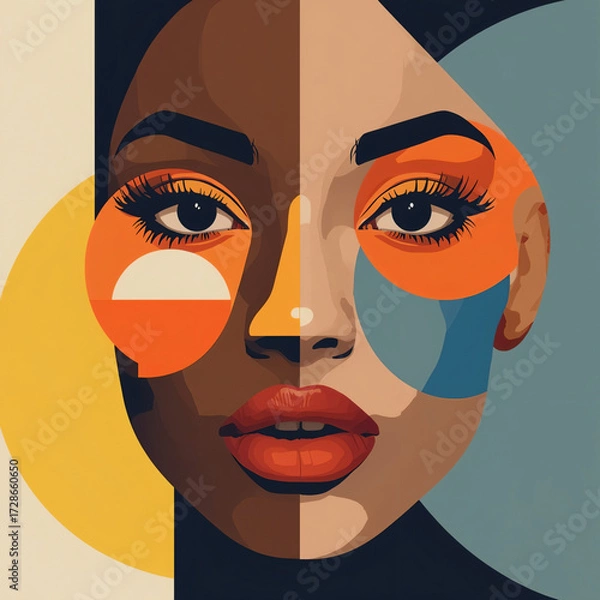 Fototapeta Woman's Portrait with Split Skin Tone and Geometric Shapes