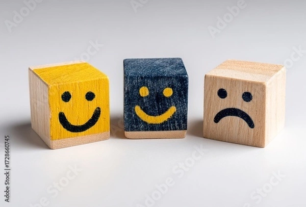 Fototapeta Three cheerful wooden cubes with bright yellow smiley faces radiate positivity and joy, perfect for design projects seeking a playful, happy, and uplifting aesthetic for advertising or branding.