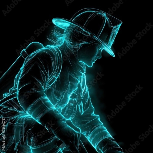 Fototapeta A heroic firefighter in silhouette, wearing safety gear and a helmet, glowing with blue light, a symbol of bravery and dedication.