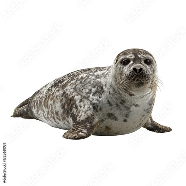 Fototapeta Png of cute harbor seal lying down isolated on transparent background and looking at the camera with curiosity