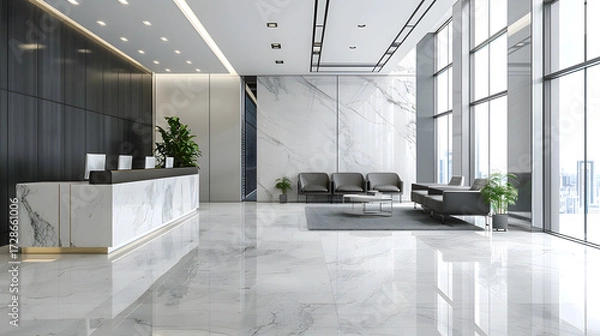 Fototapeta modern corporate office lobby with marble floors, designer sofas, stylish reception desk, large windows, clean architectural lines, cinematic 16:9
