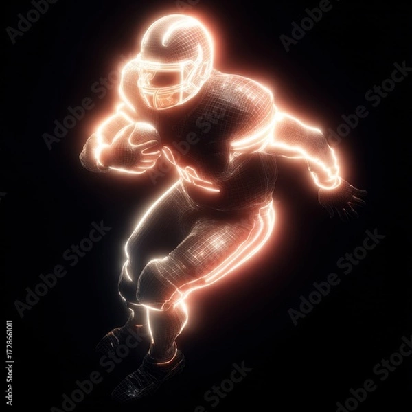 Fototapeta Luminous football player rendered as a wireframe, running with the ball. Isolated against a black backdrop, emitting light.