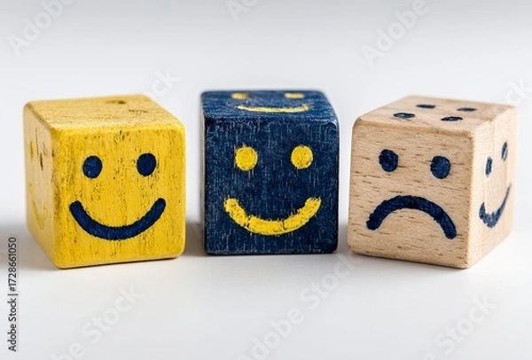 Fototapeta Three cheerful wooden cubes with vibrant yellow smiley faces bring joy and positivity to any creative project, perfect for playful designs and uplifting themes.