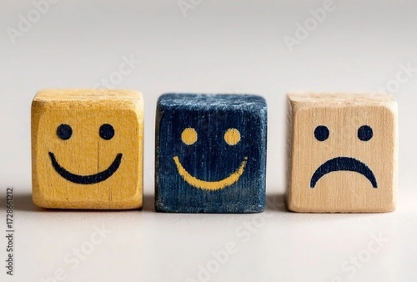 Fototapeta Joyful wooden cubes with a bright yellow smiley face bring happiness and positive vibes to any modern space, perfect for conveying cheerful emotions and playful design inspiration.