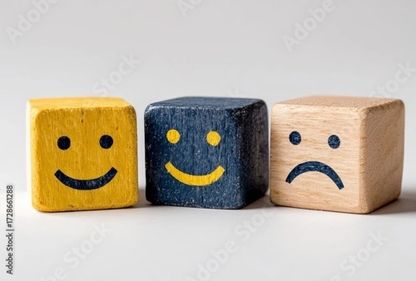 Fototapeta Three whimsical wooden cubes featuring a bright yellow smiley face, offering a playful and cheerful vibe for creative projects, branding, or educational materials, conveying happiness and positivity.