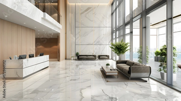 Fototapeta modern corporate office lobby with marble floors, designer sofas, stylish reception desk, large windows, clean architectural lines, cinematic 16:9