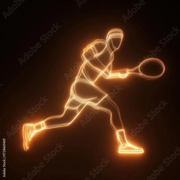 Fototapeta A tennis player outlined with glowing lines is in action. The figure is ready to hit the ball with focus and energy on display.