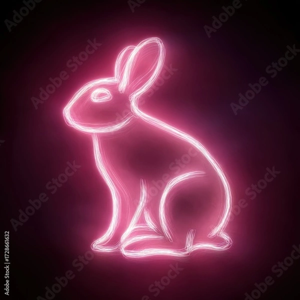 Fototapeta Vivid neon rabbit art with a luminous pink outline against a deep backdrop, capturing the essence of nature in modern glowing form.