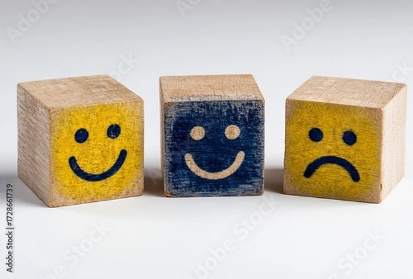 Fototapeta Three cheerful wooden cubes with vibrant yellow smiley faces radiate joy and positivity, perfect for playful designs and uplifting campaigns, bringing smiles to any project.