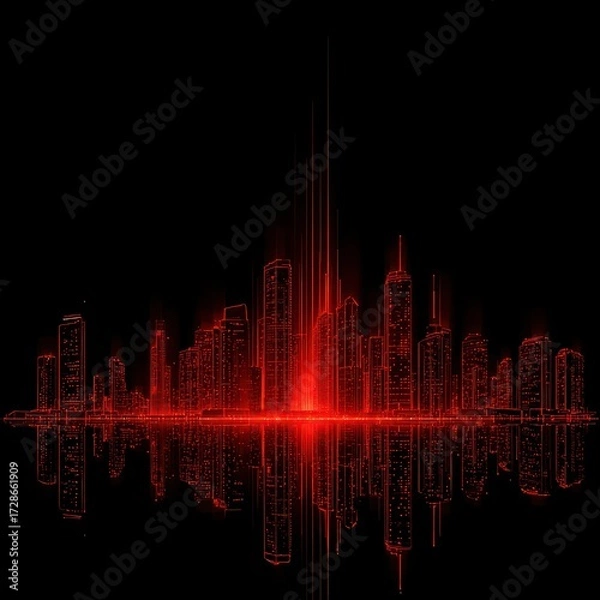 Fototapeta Abstract city skyline illuminated in vibrant red hues, reflecting on a dark surface, creating a futuristic and mysterious cityscape.