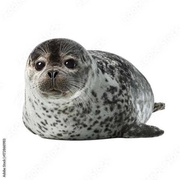 Fototapeta Png of a cute spotted seal pup is lying on a transparent background isolated on transparent background, looking at the camera