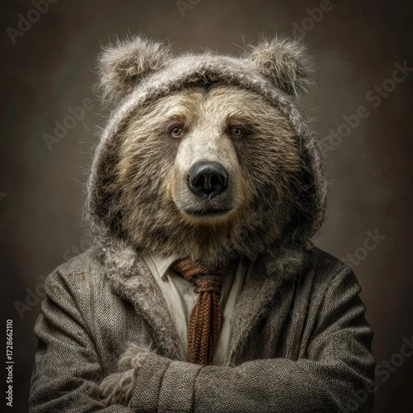 Fototapeta Anthropomorphic Bear: A unique character wearing a suit, blending wild nature with refined attire in a surreal, eye-catching portrait. 