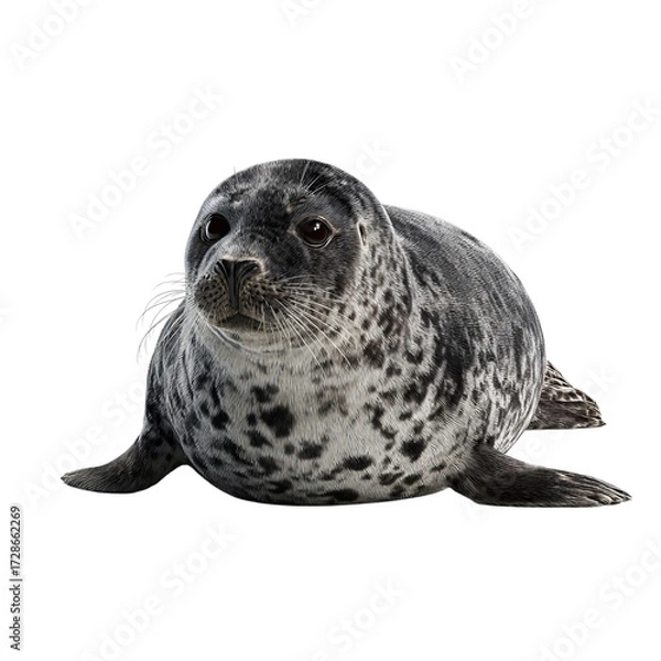 Fototapeta Png of adorable spotted seal pup looking at the camera isolated on transparent background, cute marine animal