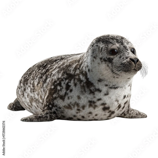 Fototapeta Png of a cute spotted seal pup resting on a transparent background, looking adorable and curious isolated on transparent background