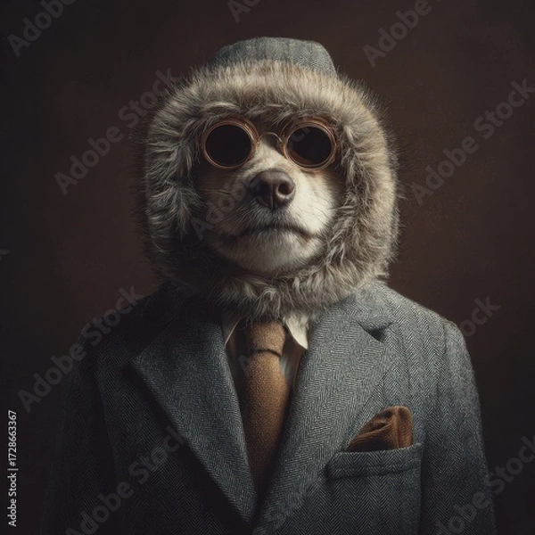 Fototapeta Sophisticated canine in a bespoke suit, blending animal charm with human elegance. A unique portrait.