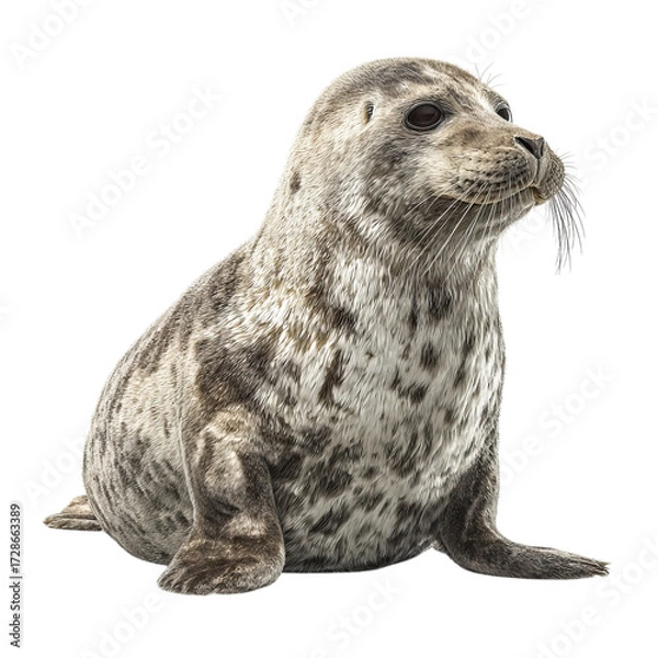 Fototapeta Png of adorable spotted seal isolated on transparent background, sitting upright and curiously looking up in a studio shot