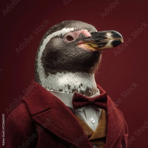 Fototapeta A dignified penguin portrait, dapper in a tailored suit. The charming gentleman of the Antarctic, ready for a formal affair.
