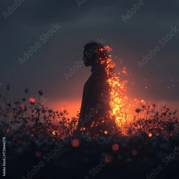 Fototapeta A woman's silhouette, ethereal glow, standing amongst dark foliage. Sunset or dawn? A blend of beauty and somber tones evokes a dreamlike state.