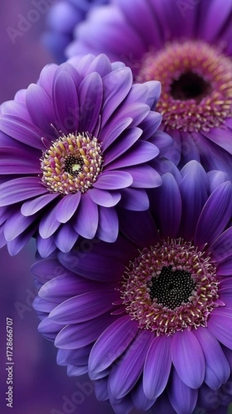 Fototapeta Vibrant purple gerbera daisies stand out against a soft background in a serene garden setting