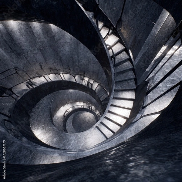 Fototapeta A gray spiral staircase, winding upward through a stone structure, illuminated by soft light filtering through the architectural design.
