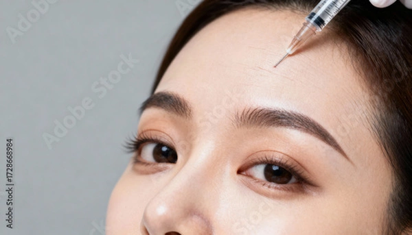Fototapeta Botox injection in forehead for wrinkles. Cosmetic anti-aging procedure. Aesthetic medicine concept. Woman getting dermal filler for skin rejuvenation. Plastic surgery, cosmetology.