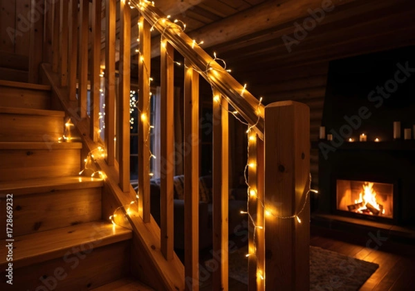 Fototapeta Elegant Staircase with Christmas Fairy Lights and Ornate Iron Railing in Historic Building
