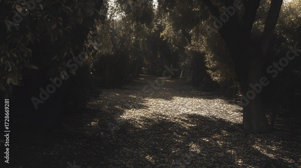 Fototapeta Sunlit Path Through Dark Autumnal Forest