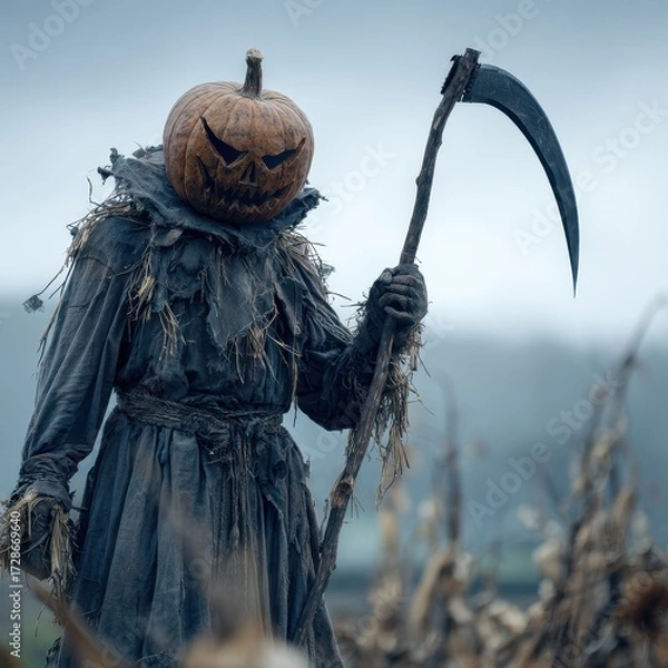 Fototapeta Pumpkin-headed scarecrow figure menacingly wields a scythe in a barren field, epitomizing autumnal horror and Halloween fright.