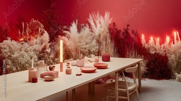 Fototapeta Elegant Dining Table Setting with Dried Flowers and Warm Lighting