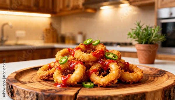 Obraz Crispy fried calamari rings appetizer with spicy sriracha sauce and fresh jalapeño chili garnish. Delicious deep-fried seafood snack served on a rustic wooden plate.