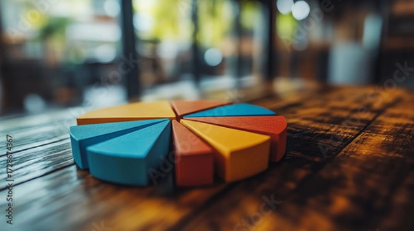 Fototapeta Colorful pie chart pieces arranged on a wooden table, symbolizing analysis and data visualization in a modern workspace.