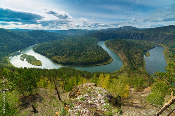 Obraz Jesienny krajobraz rzeczny, widok z góry, pętla Mansky, Krasnojarsk, Rosja