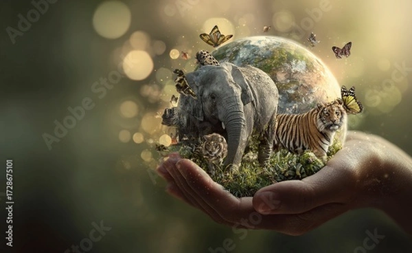 Fototapeta World Wildlife Day concept featuring a caring hand gently holding a vibrant, healthy plant symbolizing conservation and environmental protection efforts for a sustainable future.