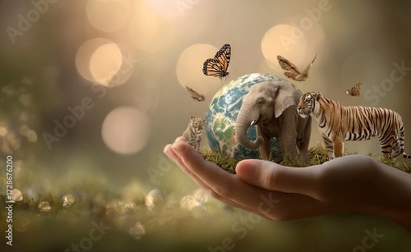 Fototapeta Hand nurturing delicate seedling symbolizing global wildlife conservation efforts and environmental protection, inspiring hope for a sustainable future.