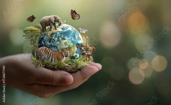 Fototapeta Protecting endangered species for a sustainable future, a hand gently cradles a small plant symbolizing conservation efforts and hope for global wildlife day.