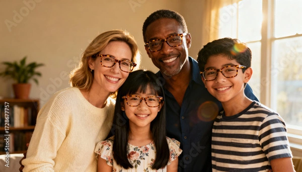 Obraz Happy multi-ethnic family portrait with matching eyeglasses. Diverse parents with adopted children smiling together. Concept of modern family, inclusion, vision care, and optometry.