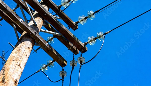 Fototapeta Wooden electricity pole with power lines and glass insulators against a clear blue sky. Concept of energy distribution, electrical grid, power supply, and infrastructure.
