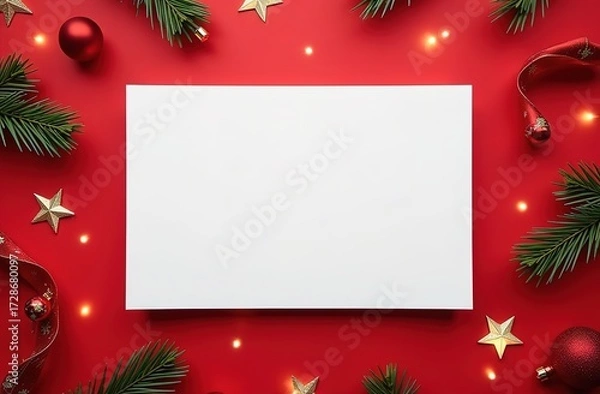 Fototapeta Christmas frame made of fir branches and decorations. In the middle lies a blank sheet of paper. Space for text