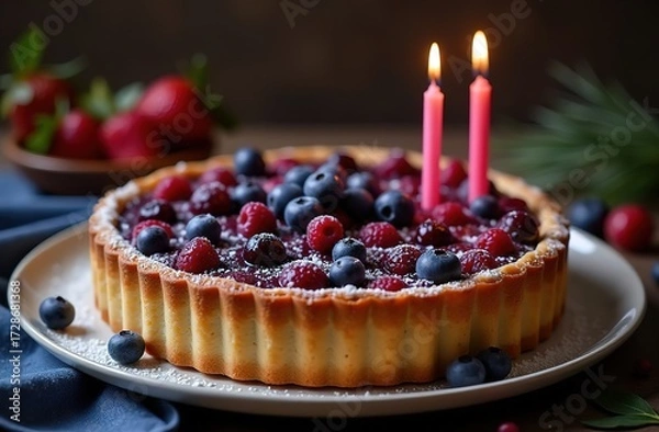 Fototapeta Berry pie or tart, mini tarts. Shortcrust pastry, fresh blueberries with lit candles on a wooden tabletop. Atmospheric picture for a restaurant or pastry shop